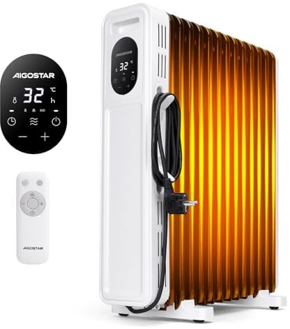 Aigostar Radiador de Aceite de 13 Elementos, 2500 W, Pantalla de Control LED, Temporizador de 24h, Mando a Distancia, 3 Modos con Función Eco, Silencioso, Recomendado para Estancias de 25 ㎡ (1 Unidad)