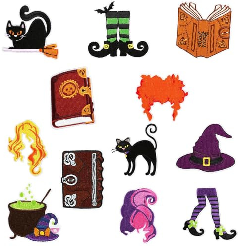 16Pcs Hocus Pocus Iron-On Sew-On Patches Halloween Witch Heat Transfer Iron Patches Colorful Embroidered Cloth Patches