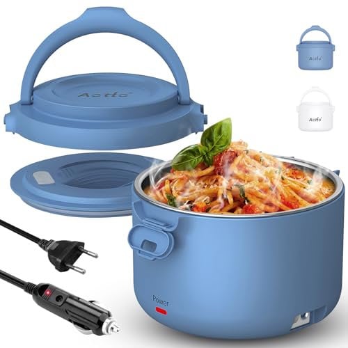 Aotto Scaldavivande Elettrico Portatile 80W, 950ml Porta Pranzo Riscaldabile, Schiscetta Portatile Elettrico per Adulti, 12V/24V/220V Scaldavivande per Lavoro/Viaggio/Auto/Camion/Casa/Ufficio (Blu)