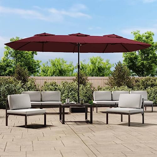 Homgoday Doppelsonnenschirm mit LEDs Balkonschirm Gartenschirm Marktschirm Strandschirm Kurbelschirm Terrassenschirm Schirm UV-Schutz Bordeauxrot 449x245 cm