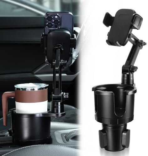 KacuYelin 2 in 1 Car Cup Holder Phone Holder, 4-7 Inch Smartphones, 360° Rotation, Long Arm, Expandable Base, Compatible with Tesla, SUV, Truck, RV, Golf Cart