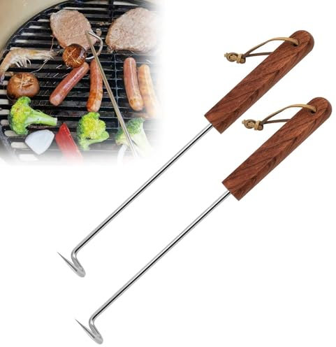 17,3 Zoll Pigtail Food Flipper, Edelstahl BBQ Food Flipper, Fleischhaken Wender Griff, Grillflipper Holz inkl