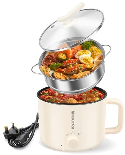 Electric Hot Pot 1.8L Portable Nonstick Frying Pan with Double Power Control, Mini Electric Pot with Steamer Electric Shabu Cooker for Noodle, Oatmeal, Pasta, Ramen,(with Steamer)