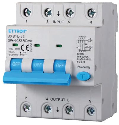 A2ZWORLD Interruttore Magnetotermico Differenziale Trifase, Tipo A 300mA, RCBO Classe A 4P C32 32A, Curva C 3P+N 6000A, Occupa 4 Moduli DIN, AC 400V IP20