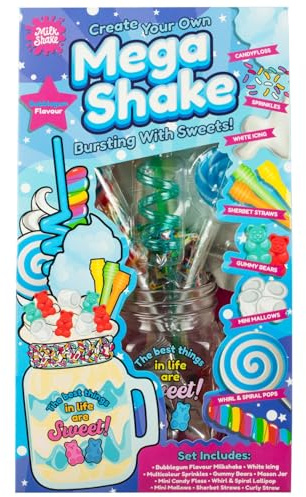 New Make Your Own Mega Shake Bubblegum Flavour Milkshake Mix With Mason Jar,Curly Straw,Sherbet Straws,Whirl Pops Perfect Christmas Set Gift -A24