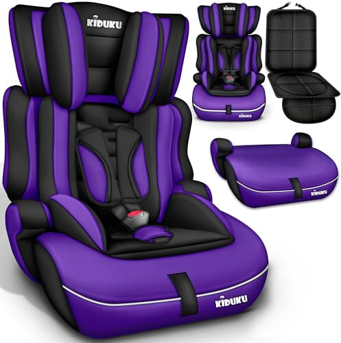 KIDUKU Seggiolino auto con coprisedile, cresce con il bambino, sedile, universale, approvato con la normativa ECE R129/03, 9-36 kg (1-12 anni), gruppo 1+2+3 (Noir/Viola)