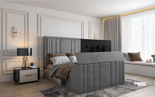 Nora Panel TV Bed Frame with Built-In Storage and Hidden TV Lift – Stylish Upholstered Bed Frame (Black, Supper King Size 6FT)
