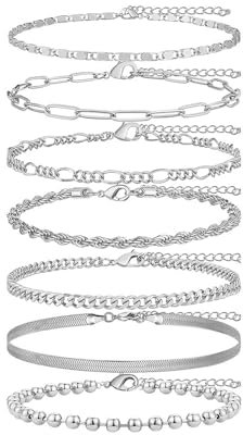 TTPSRY 7 Pezzi Cavigliera Donna Set Argento Boho Cavigliera Regolabile per Piedi Accessori Estivi Eleganti per Donne e Ragazze Cavigliere in Acciaio Inossidabile