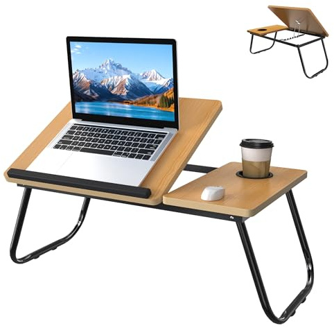 YRHome 64x33x28cm Laptoptisch Höhenverstellbar & Klappbar - Lapdesk mit Cup Slot, 5-Stufen Neigungsregelung & Doppelfläche - Betttisch, Notebooktisch für Sofa, Couch, Studium, Homeoffice (Walnuss)