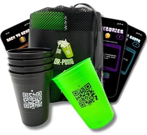 QR-Pong Interaktives Beer Pong Set, 20 Hartplastikbecher, 4 Tischtennisbälle, Schwarz/Grün/Pink