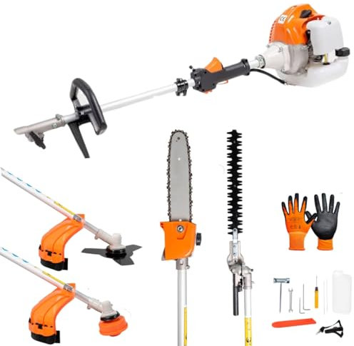 A.M.C. Decespugliatore multifunzione a scoppio 4 in 1 tagliasiepi troncarami e motosega motore 52cc 2 tempi comprende testina doppio filo e disco tre denti acciaio