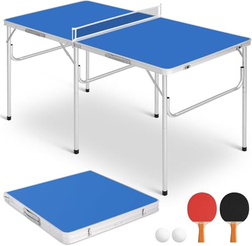 Tragbare Tischtennisplatte – Faltbares Tischtennis-Set mit Netz, 2 Paddeln und 2 Bällen für den Innen- und Außenbereich, kompaktes Design für kleine Räume, verdickter Aluminiumrahmen