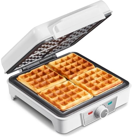 Macchine per Waffle Belgici 4 Porzioni – Waffle Maker 1200W con 5 Livelli di Doratura, Piastra Antiaderente, Anti-Tracimazione e Spie Luminose