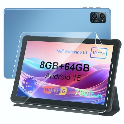 AWOW Tablet 10 Zoll Android 15: 2026 Neueste 7000mAh Octa-Core 8GB RAM+64GB 1TB TF Tablet PC mit WiFi 6 2.4G/5G Bluetooth 5.0 1280 * 800 FHD GMS Dual Kamera mit Hülle und Schutzfolie