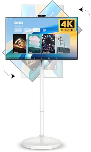 GLBMXDD Televisor Inteligente portátil con Ruedas, 21.5/24/27/32, Monitor con Pantalla táctil 4K, Control por Voz, Control Remoto, batería integrada para Sala de Estar, Cocina u Oficina. 24inches