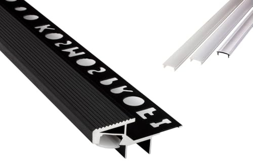 T-40 20° LED Alu Fliesenprofil Treppenprofil Stufen 12 mm schwarz 2m klar | Für beleuchtete Treppen- und Stufenkanten mit geschütztem LED-Streifen und sauberer Lichtführung, Abdeckung klar