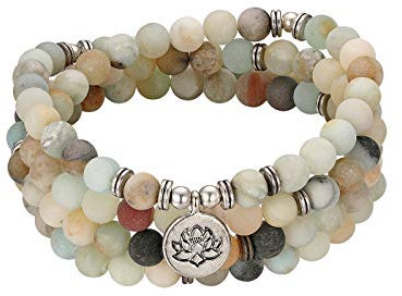 Flongo Perlen Edelstein Yoga Armband Wickelarmband Naturstein Buddha Buddhistische Tibetische Gebetskette Healing Reiki Mala Kette Halskette mit Lotus Anhänger Farbe A