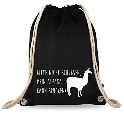Turnbeutelliebe® Turnbeutel mit Spruch - lustige Motive Sprüche - Bedruckt - Baumwolle schwarz - Sportbeutel - Rucksack - ca. 12 Liter - 37 x 46 cm (Bitte Nicht schubsen, Mein Alpaka kann Spucken)