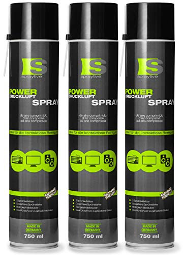 3 x 750ml Spraytive Power Druckluftspray/Druckluftreiniger mit 100mm Sprühverlängerung - PC Reinigungsset zur Reinigung von Tastatur, Computer, Kamera - Air Duster