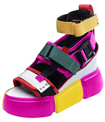 Sandali Donna Punta Aperta Piattaforma Scarpe Casual Cinturino alla Caviglia con Tacco a Zeppa Color Block (36,Rosa)