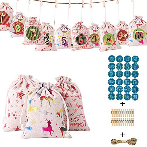 24 Stücke Weihnachten Adventskalender Zum Befüllen Stoff Rentier Jutesäckchen Adventskalender 2020 für Kinder Männer DIY Geschenktüten Tüten Stoffbeutel Adventskalender Zum Befüllen Groß (Blau, 24pcs)