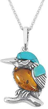 Kiara Jewellery Halskette mit Anhänger aus Sterlingsilber, mehrfarbig, kleiner Eisvogel mit baltischem Bernstein und Türkis, 45,7 cm lange Kette aus Sterlingsilber, Aus Sterlingsilber, Bernstein
