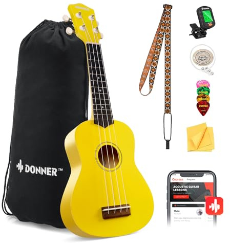 Donner Soprano Ukulele for Beginner Ukelele with Free Online Lesson Bag Strap String Tuner Pick Cloth, DMU-01 21 Inch Matte ukalalee Bundle Kit Macaron Series-Yellow