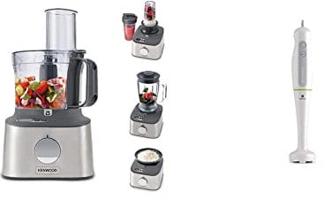 Kenwood Multipro Compact+ FDM312 SS, 5-in-1 Compact Food Processor, 800 W & Hand Blender, One Speed Mixer with Turbo, Triblend Wand, Anti-splash, 600 W, HDP100WG, White