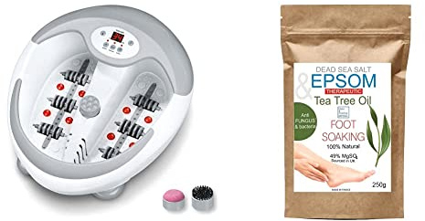 Beurer FB50 Bain de Pieds Relaxant, Balnéothérapie avec Accessoires de Pédicure & bleu & marine Bretania Pédiluve Sels d'Epsom/Huile Essentielle d'Arbre à Thé Traitement Anti Mycoses de l'Ongle, 250 g