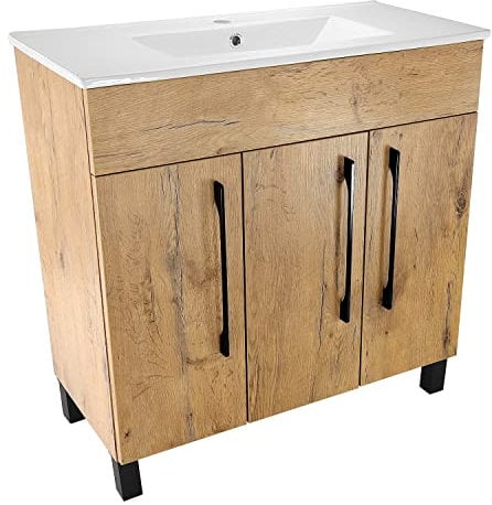 paplinskimoebel - Unterschrank mit Keramik Waschbecken Vittoria, 80 cm Breite, Matt Eichenoptik Korpus, Badmöbel Set für Badezimmer & Gäste-WC, Stehend Waschtisch, Waschbeckenunterschrank