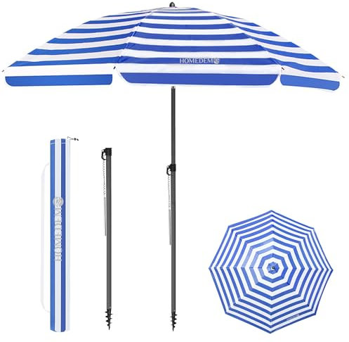 HOMEDEMO Sonnenschirm Strandschirm, Ø 160cm Blaue weiße Streifen rund Gartenschirm Marktschirm, Terrassenschirm mit Bodenhülse & Schutzhülle & Drehstange, UV50+ Schutz Sonnenschutzschirm 30° knickbar
