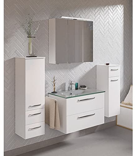 Lomadox Badezimmer Badmöbel Set mit Waschtisch Glaswaschbecken Spiegelschrank Midischrank Unterschrank in weiß Glanz, B/H/T: ca. 167/200/50 cm