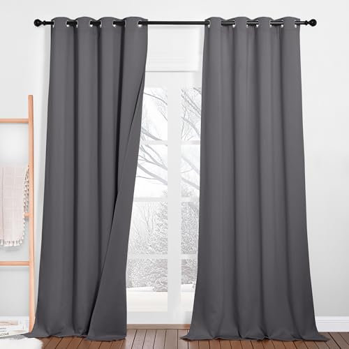 PONY DANCE Dreilagige 100% Verdunklungsvorhänge Ösen Schallschutz Vorhang 2er Set H 260 x B 132 cm Thermovorhang gegen Hitze Schlafzimmer Gardinen und Vorhänge Grau Blickdicht
