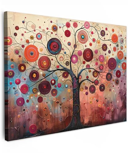 MuchoWow© Impression sur Toile Decoration Murale Peinture 80x60 cm Tableaux Decoratifs Muraux Décoration Chambre Arbre de vie - Fleurs - Rose - Hippie - Art