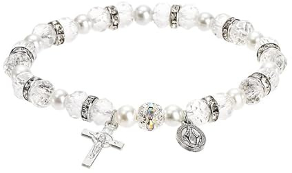 Hanaoops Damen Armbänder Kommunion Geschenke für Mädchen Mode Perlenarmband mit Kreuzkristall Stretch Katholische Armband Boho Modeschmuck