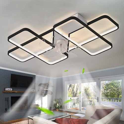 LED Plafonnier Ventilateur De Plafond APP Dimmable Réversible Grande Plafonnier Avec Ventilateur Et Télécommande Silencieux 6 Vitesses Lampe Ventilateur Intelligent Moderne 35inch Pour Chambre-Black