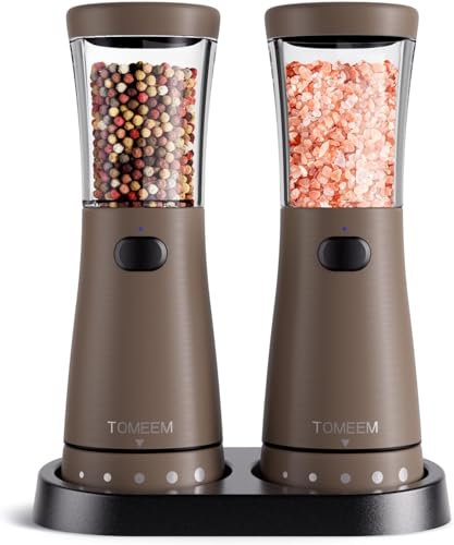 TOMEEM Electric Salt and Pepper Grinder Set with Storage Base, Stainless Steel Rechargeable Salt and Pepper Grinder Set with 4.5oz Large Capacity, 1.8 Wide Mouth, Adjustable Coarseness…