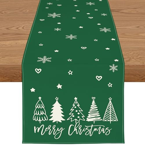 YCOLL Tischläufer Weihnachten Wasserabweisender Tischläufer in Grün, Modernes Weihnachtstischläufer Winter Weihnachtsdeko für Esstisch, Küche & Outdoor Deko