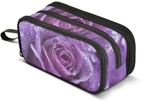 Federmäppchen, Motiv: Lila Rose, Tautropfen, großes Fassungsvermögen, Stifttasche für Jungen und Mädchen, 3 Fächer, Federmäppchen, Studenten, Schreibwaren, Organizer, Marker-Etui für Schule, Büro,