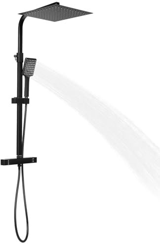 SOLOCJNL Système de douche avec thermostat, kit de colonne de douche avec tuyau en acier inoxydable, barre de douche, buses de massage, barre de douche réglable et escamotable, noir