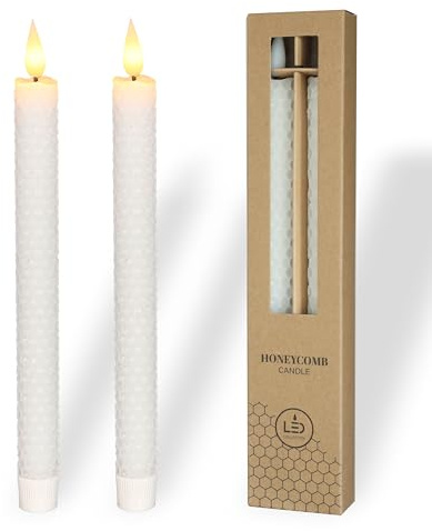 comforder Echtwachs LED Stabkerzen, Bienenwaben Optik, 2er Set (weiß) | Flackernde Flamme, Timerfunktion, batteriebetrieben mit 2x AAA (nicht enthalten), realistisches Kerzenlicht