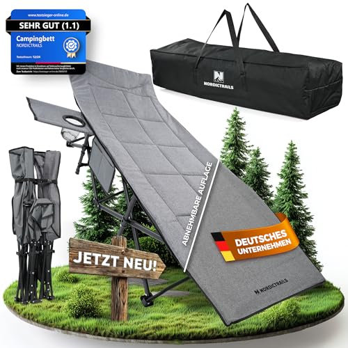 𝐍𝐎𝐑𝐃𝐈𝐂𝐓𝐑𝐀𝐈𝐋𝐒 Feldbett Campingbett klappbar XXL gemütliche Campingliege Faltbar & leicht für Outdoor Gästebett, Liege, Klappbett, Angelliege, Camping Karpfenliege mit superweicher Matratze