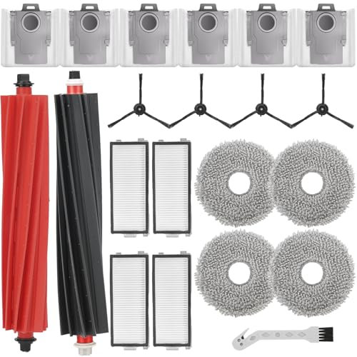 21 Stück Zubehör für Roborock Qrevo Master/Qrevo Slim – 6 Staubbeutel, 2 Gummi Hauptbürsten, 4 HEPA Filter, 4 Wischtücher, 4 Seitenbürsten, 1 Reinigungsbürste – Ersatzteile kompatibel mit Saugrobotern