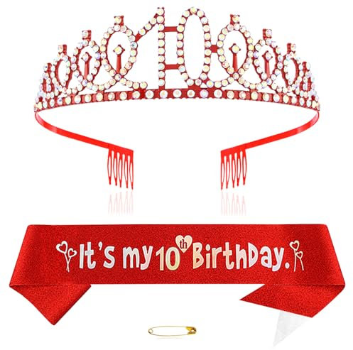 Rot 10th Geburtstags Krone und Schärpe Mädchen 10. Geburtstag Deko Strass Geburtstag Tiara Prinzessin Krone Queen Tiara Geburtstagsschärpe Girls 10 Geburtstag Dekoration Party Kleidung Zubehör