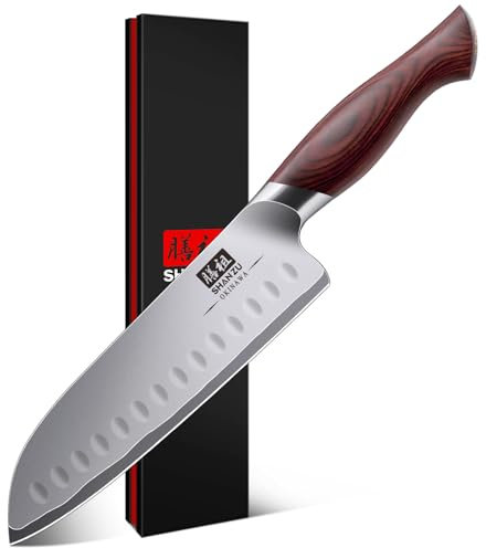 SHAN ZU 18cm Santoku Chef Knife, Japanese High Carbon Steel 10Cr15Mov Kitchen Knife with 12° Ultra Sharp Blade & Ergonomic Pakkawood Handle