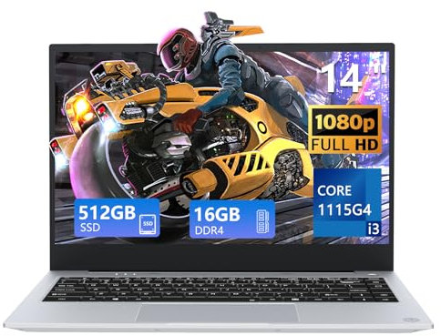 Ordenador Portátil 14.1 Pulgadas, PC Portátil Core i3-1115G4 Processor, Windows 11 Portátil con 16GB DDR4 RAM 512GB SSD, Laptop con 1920*1080P IPS Pantalla, 7000mAh Battery, USB3.2+Mini-HDMI+Type-C