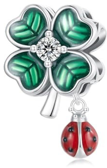 NINGAN 925 reines Silber Glück Grün Vierblätter Ladybug Beads 5A Zirkon Armband Charme für Damen Armband Halskette, Geburtstagsgeschenk