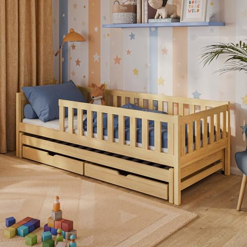 Kids Collective Kinderbett mit Ausziehbett und Zwei Schubladen, Rausfallschutz und Lattenrost, Kinder Bett | weitere Größen: 80x160, 90x190, 90x200cm | 80x180cm: von 3. bis 12. Lebensjahr, Natur