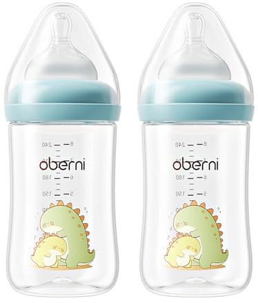 Oberni Anti-Colic Baby Bottles, 240ml / 8oz Newborn Bottle with Size 2 Medium Flow Breast Like Silicone Teat, 3M+ Breastfed and Milk Feeding, Blue/Pack of 2