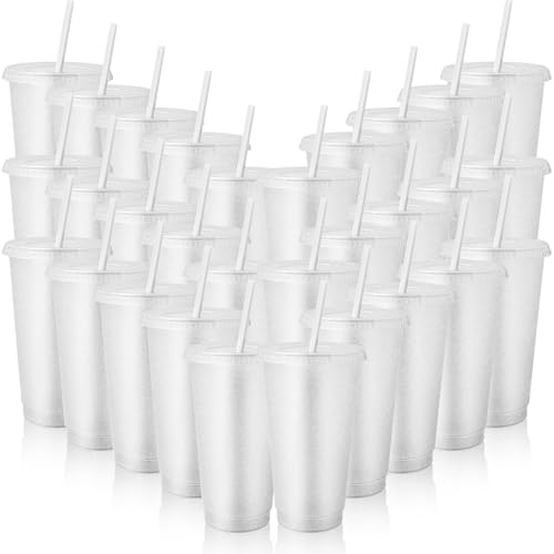 SWHCM 30 Pack Plastikbecher mit Deckel und Strohhalm, 710 ml, wiederverwendbare Reisebecher in Großpackung, Plastikbecher mit Deckel und Strohhalm für Kaffee-Smoothie-Becher